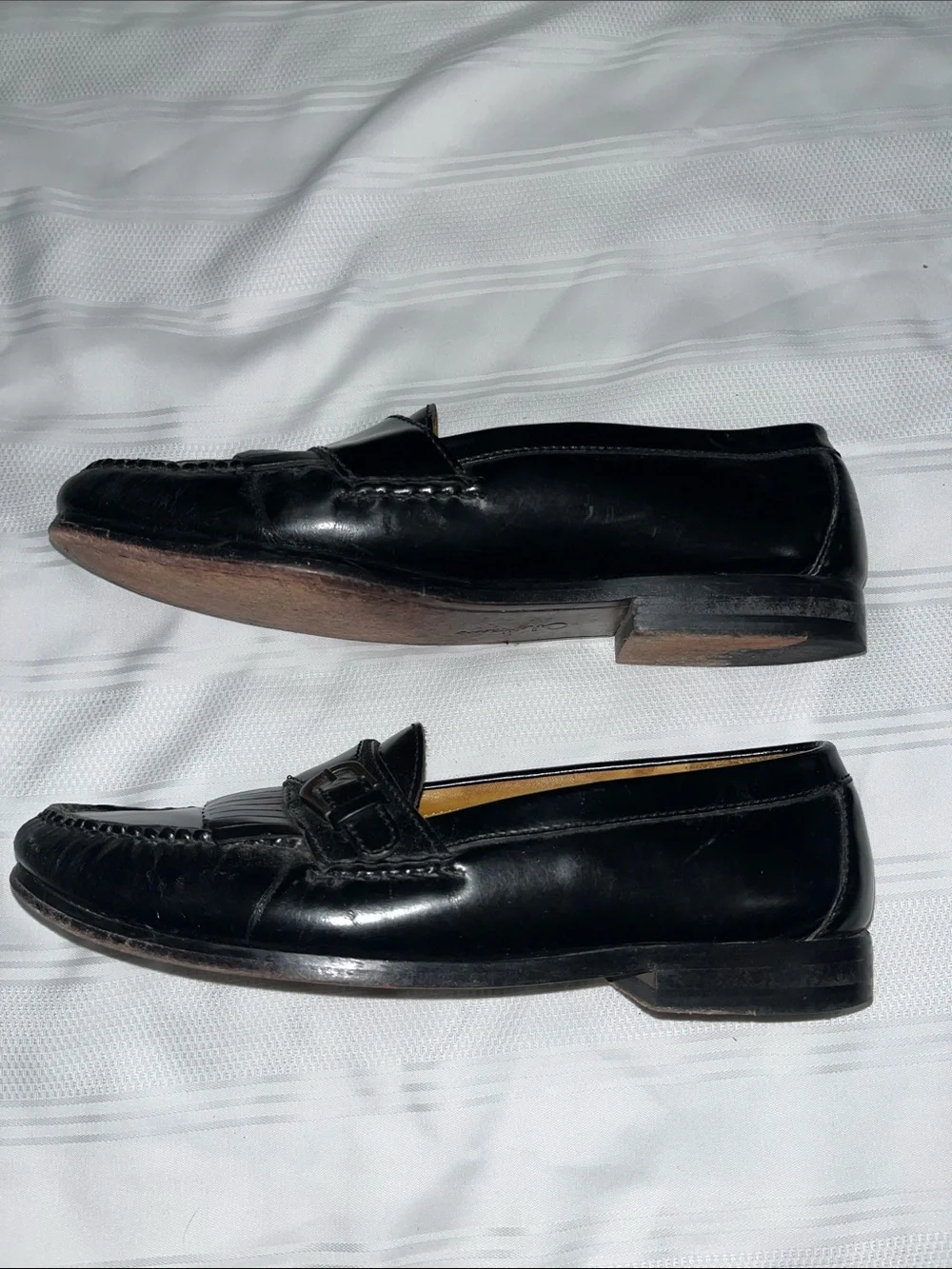 Cole Haan Black Leather Kiltie Slip-On Loafers with Buckle